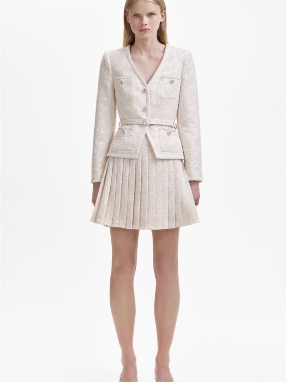 WORN ONCE - Self-Portrait - White Cream Tweed Pleated Set with Belt